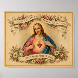 Vintage-Heiliges Herz Jesu mit Gebet von St. There Poster