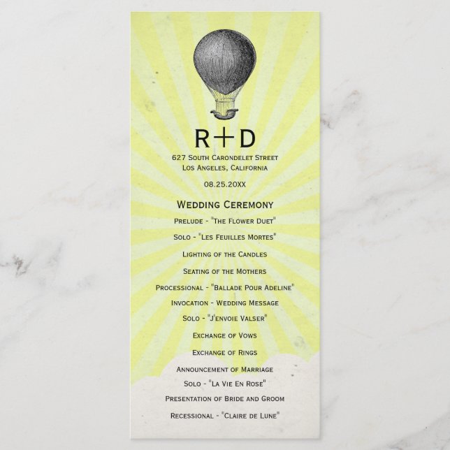 Vintage-Heißluftballon-Hochzeitsprogramm Programm (Vorderseite)