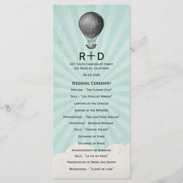 Vintage-Heißluftballon-Hochzeitsprogramm Programm (Vorderseite)