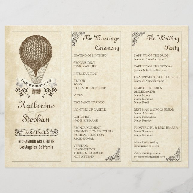 Vintage Heißluftballon Hochzeitsprogramme (Vorderseite)