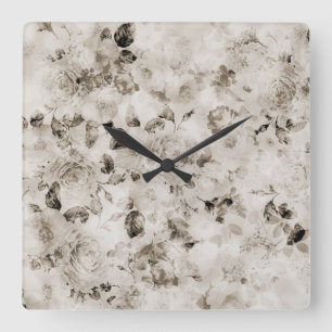 Vintage hellgraue Elfenbein-Rose Quadratische Wanduhr