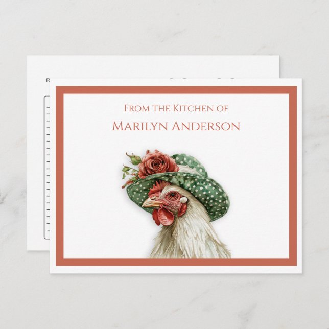 Vintage Hen in a Green Hat Recipe Card | (Vorne/Hinten)