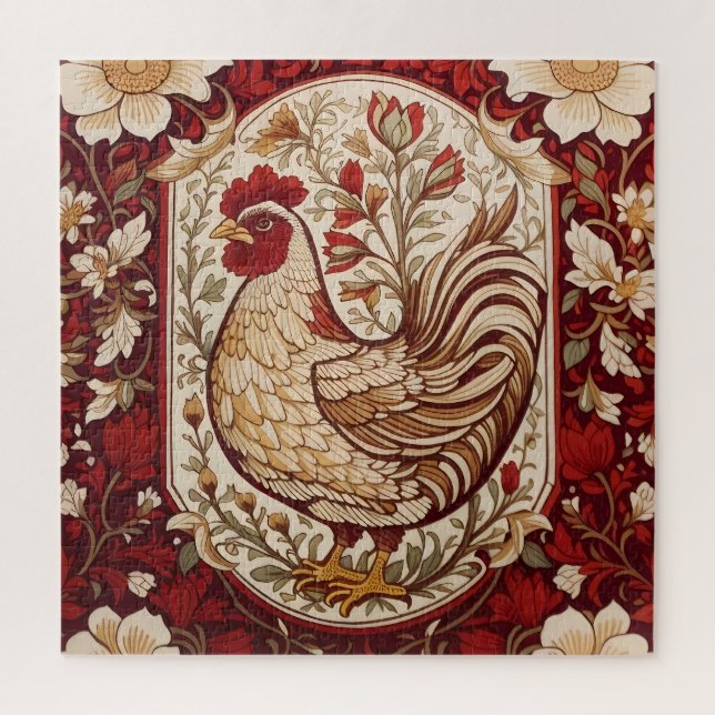 Vintage Henne Rot und Creme Blumenmuster Puzzle (Vertikal)