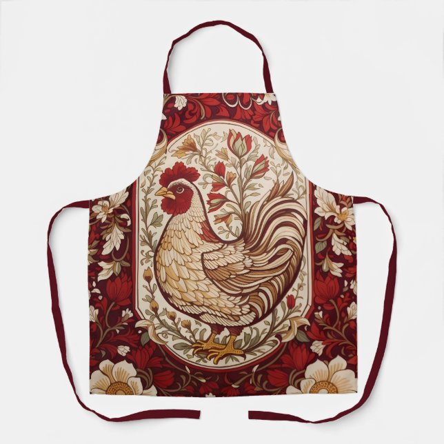 Vintage-Henne Rot und Creme Blumenmuster Schürze (Vorderseite)