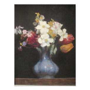 Vintage Henri Latour Blaue Vase Narzisse und Tulpe Fotodruck