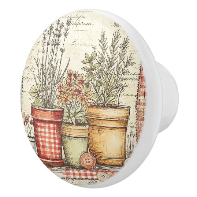 Vintage Herb Pots Gingham Keramikknauf (Rechts)