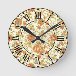 Vintage-Herbst-Blumen-Blatt Orange Monogramm Runde Wanduhr