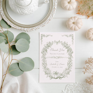 Vintage Herbst Botanical Eiche & Kürbis Hochzeit Dankeskarte
