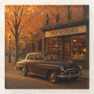 Vintage Herbst Buchladen & Auto Glasuntersetzer