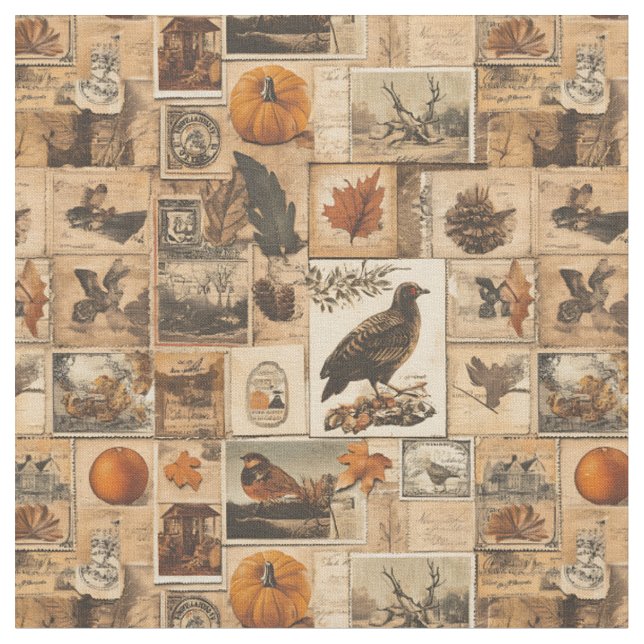 Vintage-Herbst-Collage-Muster | Rustikale Ephemera Stoff (Nahaufnahme)