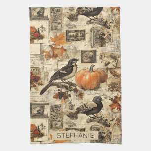 Vintage Herbst-Ephemera-Collage Rustikale Vögel Geschirrtuch