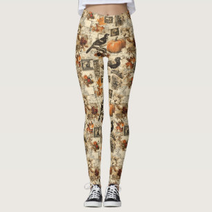 Vintage-Herbst-Ephemera-Collage Rustikale Vögel Leggings