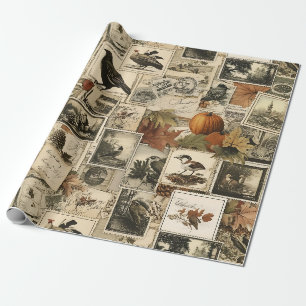 Vintage-Herbst-Ephemeren-Collage   Rustikale Vögel Geschenkpapier