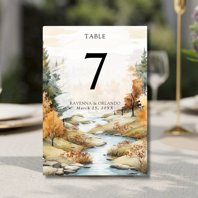 Vintage-Herbst-Fluss-Wald-Landschaft-Hochzeit Tischnummer (Von Creator hochgeladen)