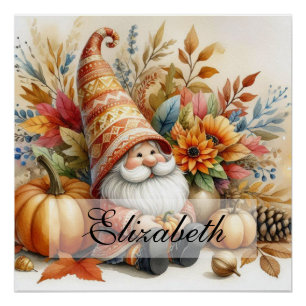 Vintage Herbst Gnome mit Herbstblättern Poster