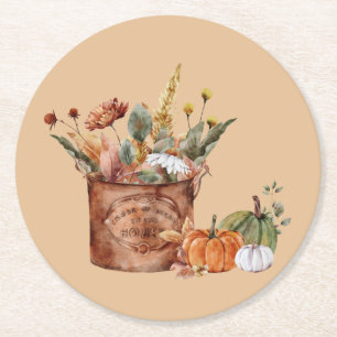 Vintage-Herbst-Herbstblumen-Arrangement und Kürbis Runder Pappuntersetzer