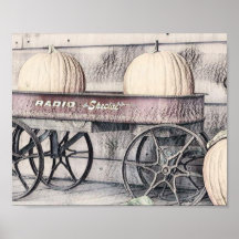 Vintage-Herbst-Kürbiswagen Herbstfarben Zeichnung
