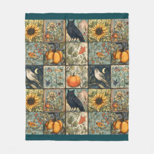 Vintage Herbst-Patchwork-Look Kürbis-Eule-Blume Fleecedecke