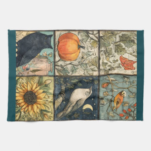 Vintage-Herbst-Patchwork-Look Kürbis-Eule-Blume Geschirrtuch
