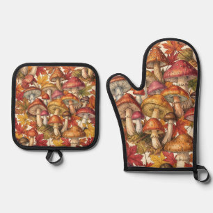 Vintage-Herbst-Pilz-Wald-Botanisches-Muster Ofenhandschuh & Topflappen-Set