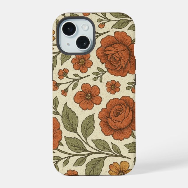 Vintage-Herbstblumenmuster – Rustikale Botanik iPhone 15 Hülle (Rückseite)
