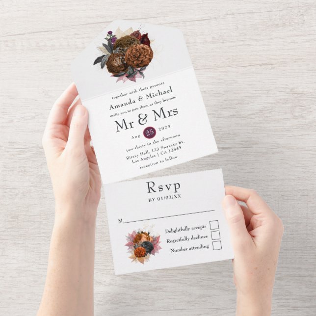 Vintage Herbstblütenhochzeit All In One Einladung (Abreißen)