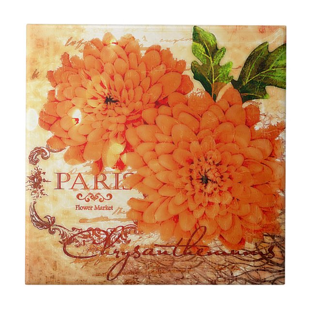 Vintage Herbstchrysanthemen Fliese (Vorderseite)