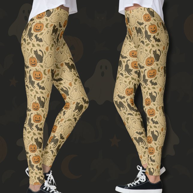 Vintage Herbstgeister und Schwarze Katzen Hallowee Leggings (Von Creator hochgeladen)