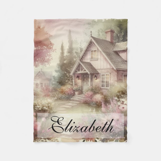 Vintage Herbstlandschaft Hütte Garten Blätter Fleecedecke (Vorderseite)