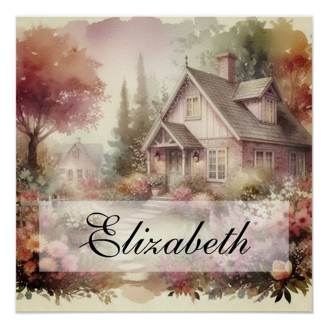 Vintage Herbstlandschaft Hütte Garten Blätter Poster (Vorderseite)