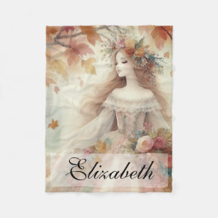 Vintage Herbstprinzessin mit Herbstblättern Fleecedecke
