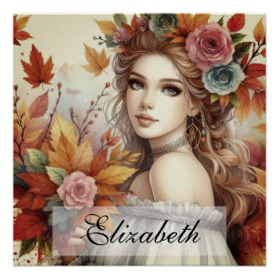 Vintage Herbstprinzessin mit Herbstlaub  Poster