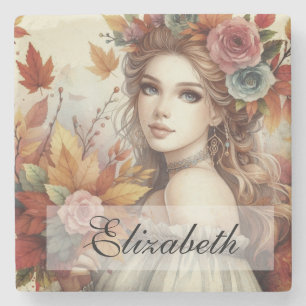 Vintage Herbstprinzessin mit Herbstlaub Steinuntersetzer
