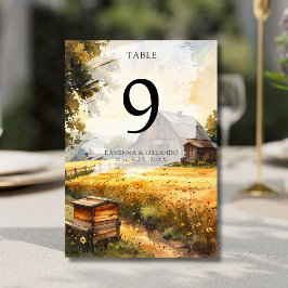 Vintage Herbstscheune Wiesen Wasserfarben Hochzeit Tischnummer