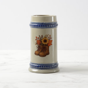 Vintage-Herbststiefel mit Sonnenblume und Herbstla Bierglas