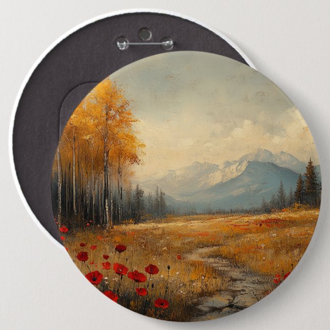 Vintage Herbstwiesen-Malerei Mohnblumen Button (Vorne & Hinten)