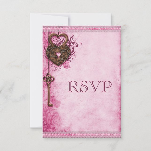 Vintage Herz-Lock & Key Pink Hochzeit RSVP (Vorderseite)
