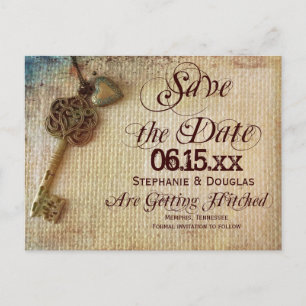 Vintage-Herz-Schlüssel-Burlap-Save-the-Date-Postka Ankündigungspostkarte