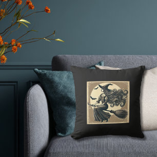 Vintage Hexe auf Besen Vollmond & Fledermäuse Hall Kissen