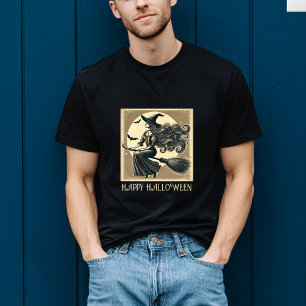 Vintage Hexe auf Broom Full Moon & Bats Halloween T-Shirt