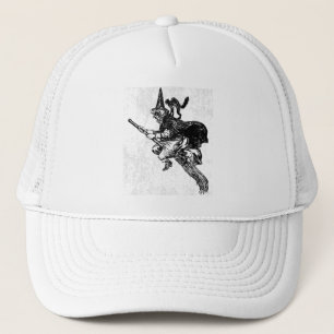 Vintage Hexe auf Broomstick mit schwarzer Katze Truckerkappe