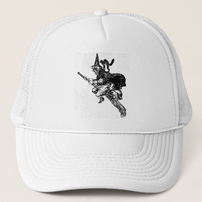 Vintage Hexe auf Broomstick mit schwarzer Katze Truckerkappe (Vorderseite)