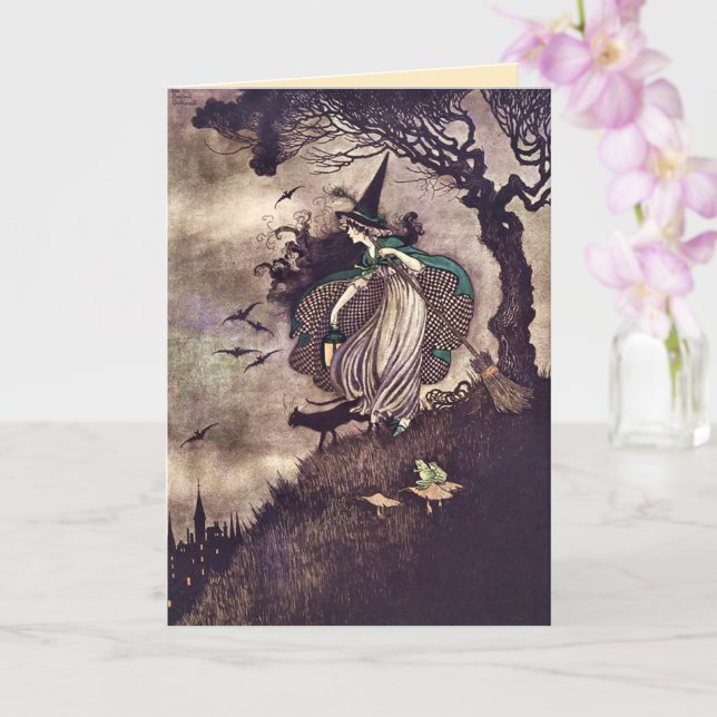 Vintage Hexe Broom Cat Art Nouveau Karte (Orchidee)