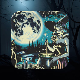 Vintage Hexe, die ein Cauldron-Halloween-Party umr Pappteller