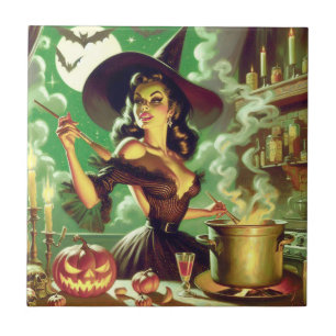Vintage Hexe Halloween Pin-Up Fliese