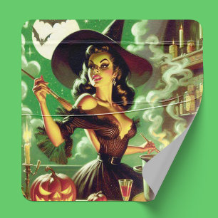 Vintage Hexe Halloween Pin-Up Quadratischer Aufkleber