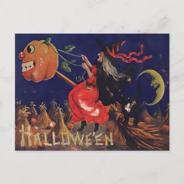 Vintage Hexe Halloween Postkarte (Vorderseite)
