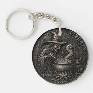 Vintage Hexe. Hobo Nickel geschnitzte Münz-Kunst. Schlüsselanhänger