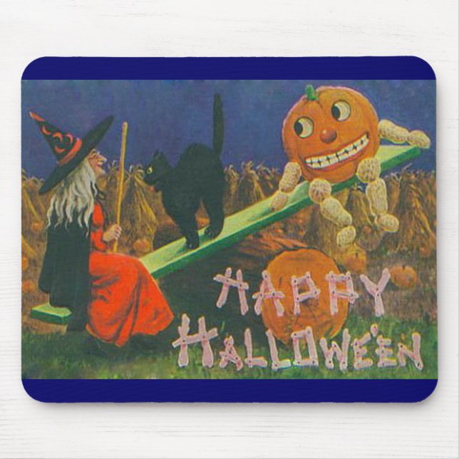 Vintage Hexe & Jack o' Lanterns Spielzeit Mousepad (Vorne)