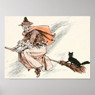 Vintage Hexe mit Broom und Katzenposter Poster